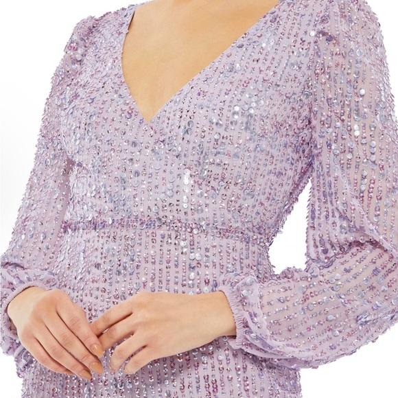 NWT Mac Duggal Purple Sequined Puff Sleeve V Neck Midi Lavender 14 - Picture 3 of 8